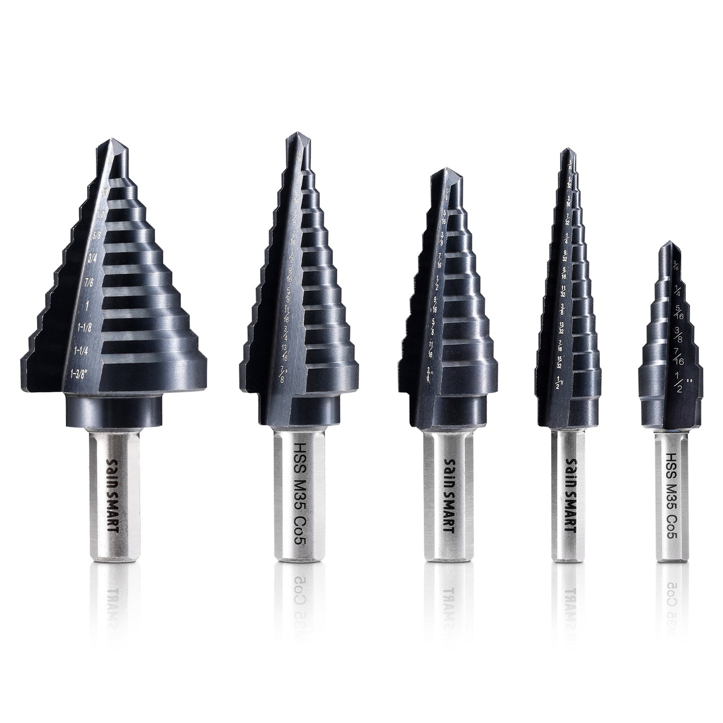 SD05A, 1/8”~1-3/8” TiAIN Coated Double Flute M35 Cobalt Step Drill Bits Set, Tri-Flat Shank, 5PCS, for Metal, Stainless Steel, Aluminum, Copper, Wood, PVC