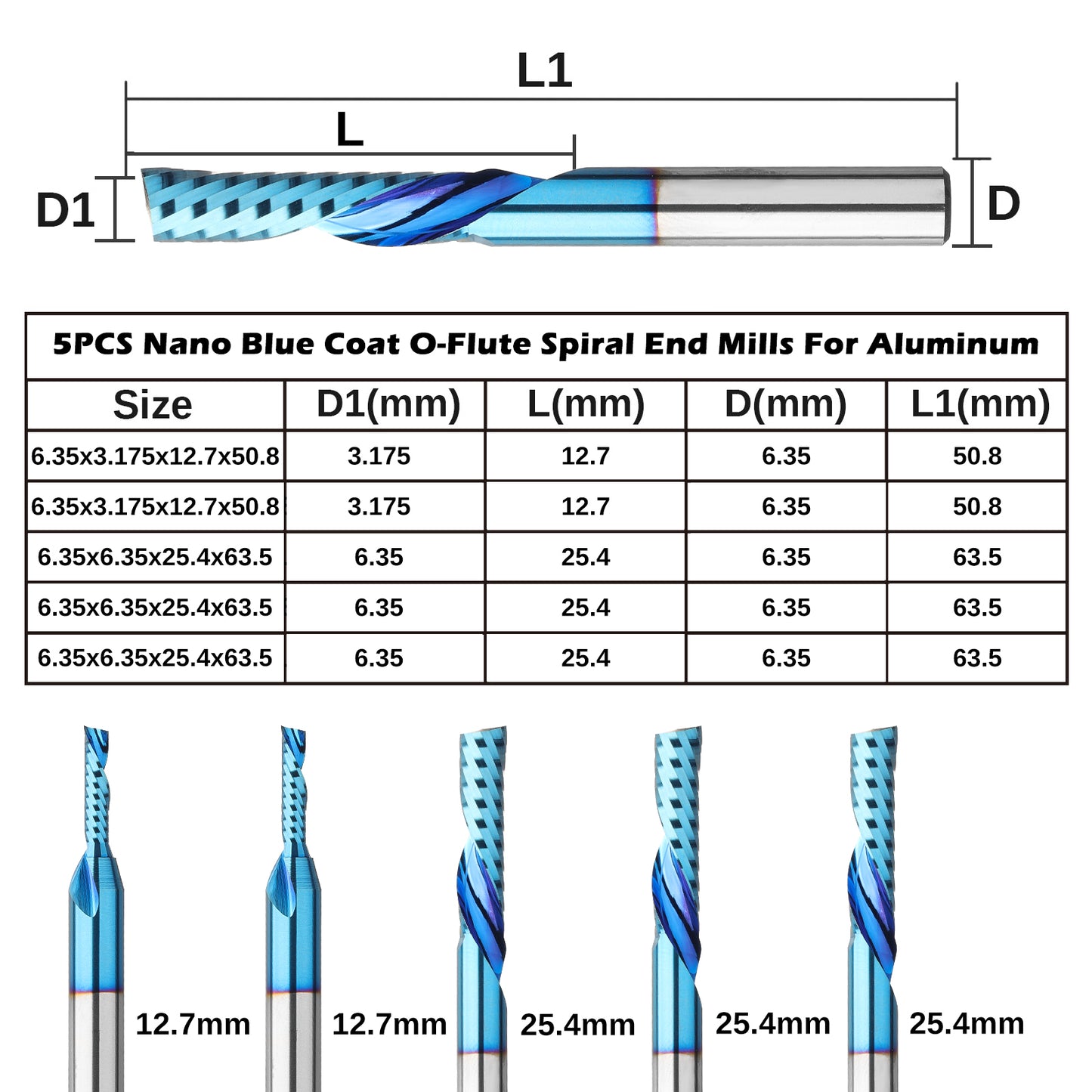 OS05B, 1/4" Shank, Carbide Spiral O Flute Down Cut CNC Router Bits Set, 5Pcs