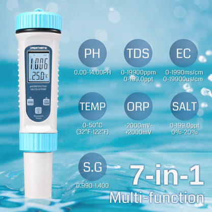 XpertMatic Bluetooth Water Tester, Auto Power Off, Precise Measurements for pH, TDS, EC, SALT, TEMP, S.G, and ORP, Blue