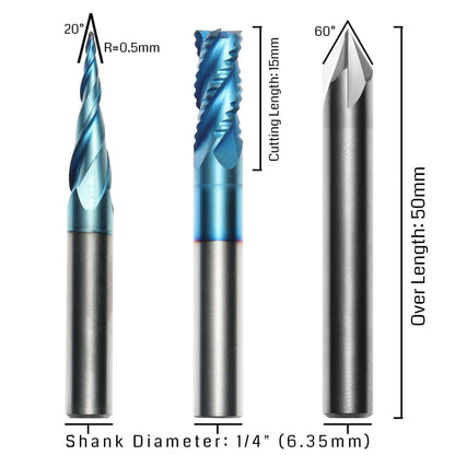 EM05A, 1/4" & 1/8", CNC Router Bit Carving Set, for Wood Detail Profile, 5pcs