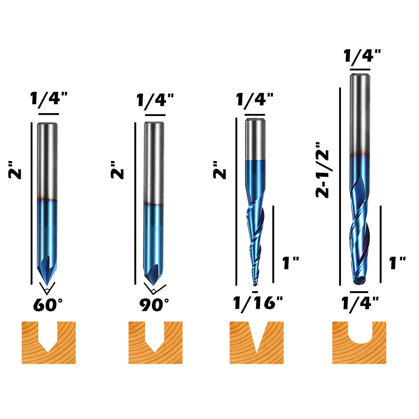 MRBC08, 1/4" Shank, End Mills CNC Router Bits, General Purpose, Nano Blue Coating, for Aluminum, Metal, Plastic, MDF & Wood, 8pcs