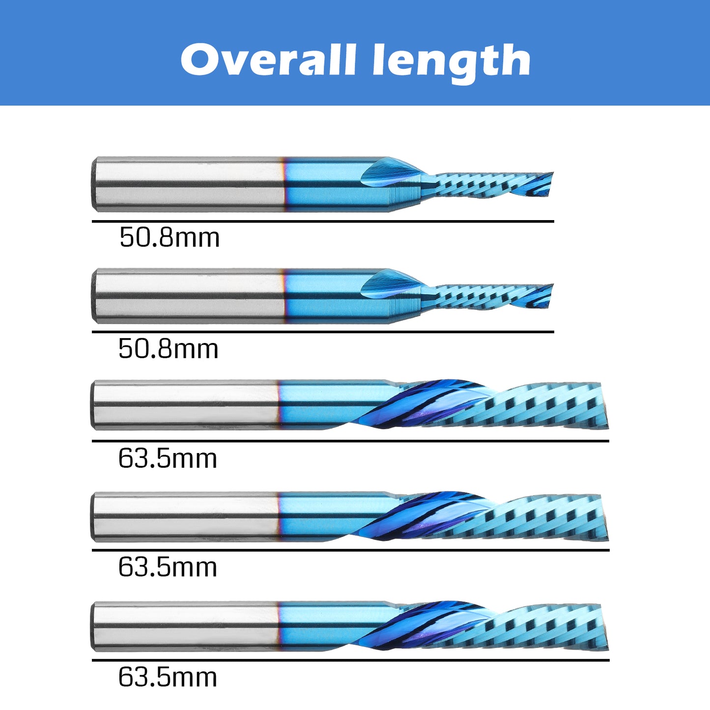 OS05B, 1/4" Shank, Carbide Spiral O Flute Down Cut CNC Router Bits Set, 5Pcs