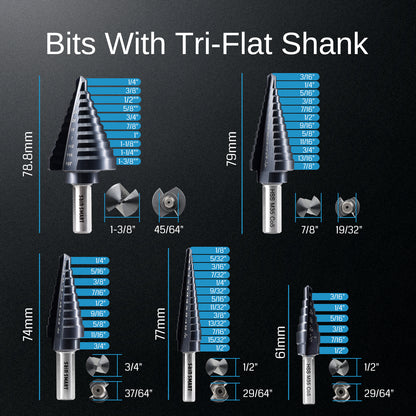 SD05A, 1/8”~1-3/8” TiAIN Coated Double Flute M35 Cobalt Step Drill Bits Set, Tri-Flat Shank, 5PCS, for Metal, Stainless Steel, Aluminum, Copper, Wood, PVC