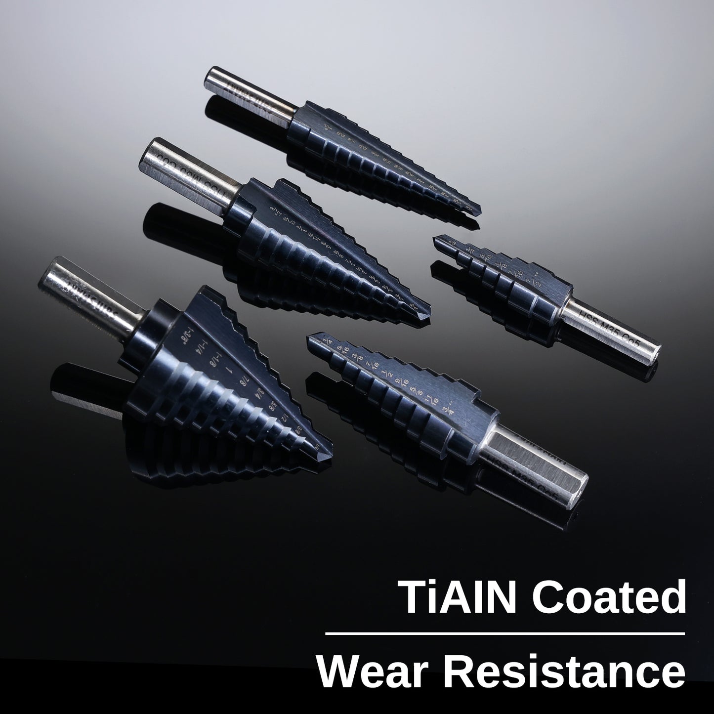 SD05A, 1/8”~1-3/8” TiAIN Coated Double Flute M35 Cobalt Step Drill Bits Set, Tri-Flat Shank, 5PCS, for Metal, Stainless Steel, Aluminum, Copper, Wood, PVC