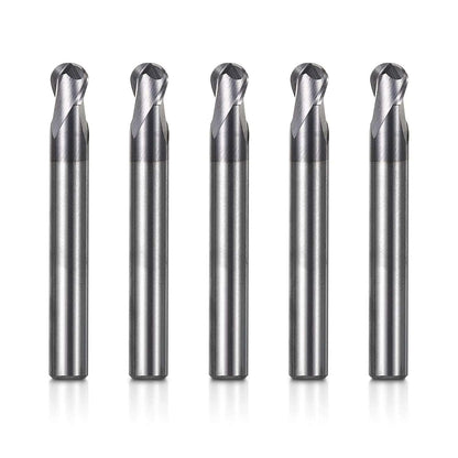 2BNC05, 1/4" Shank, 3”Overall Length, 2-Flute ball Nose,  End Mills CNC Router Bits, Stainless Steel Metal with TiAlN Coating, For Aluminum, Metal, Plastic, MDF & Wood, 5pcs