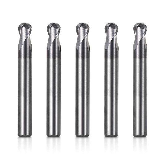 2BNC05, 1/4" Shank, 3”Overall Length, 2-Flute ball Nose,  End Mills CNC Router Bits, Stainless Steel Metal with TiAlN Coating, For Aluminum, Metal, Plastic, MDF & Wood, 5pcs