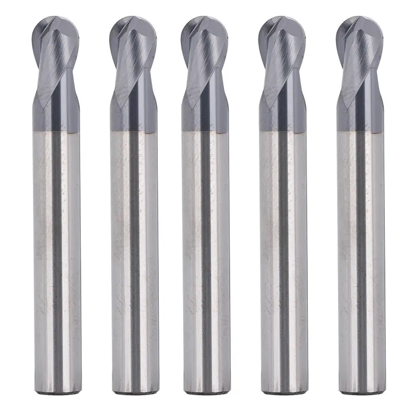 2BNC05, 1/4" Shank, 2” Overall Length, 2-Flute ball Nose, End Mills CNC Router Bits, Carbide Cutter with TiAlN Coating, For Steel, Stainless Steel Metal, Aluminum, 5pcs