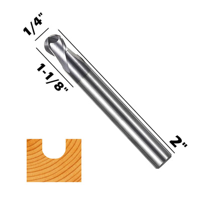 2BNC05, 1/4" Shank, 2” Overall Length, 2-Flute ball Nose, End Mills CNC Router Bits, Carbide Cutter with TiAlN Coating, For Steel, Stainless Steel Metal, Aluminum, 5pcs