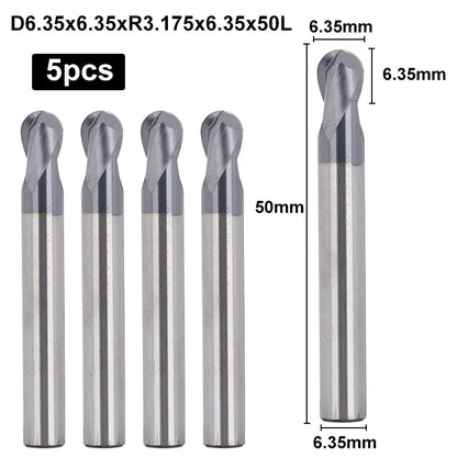 2BNC05, 1/4" Shank, 2” Overall Length, 2-Flute ball Nose, End Mills CNC Router Bits, Carbide Cutter with TiAlN Coating, For Steel, Stainless Steel Metal, Aluminum, 5pcs