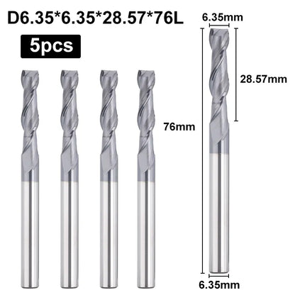 2FNC05, 1/4" Shank, 3”Overall Length, 2-Flute Flat End Mills CNC Router Bits, Stainless Steel Metal with TiAlN Coating, For Aluminum, Metal, Plastic, MDF & Wood, 5pcs