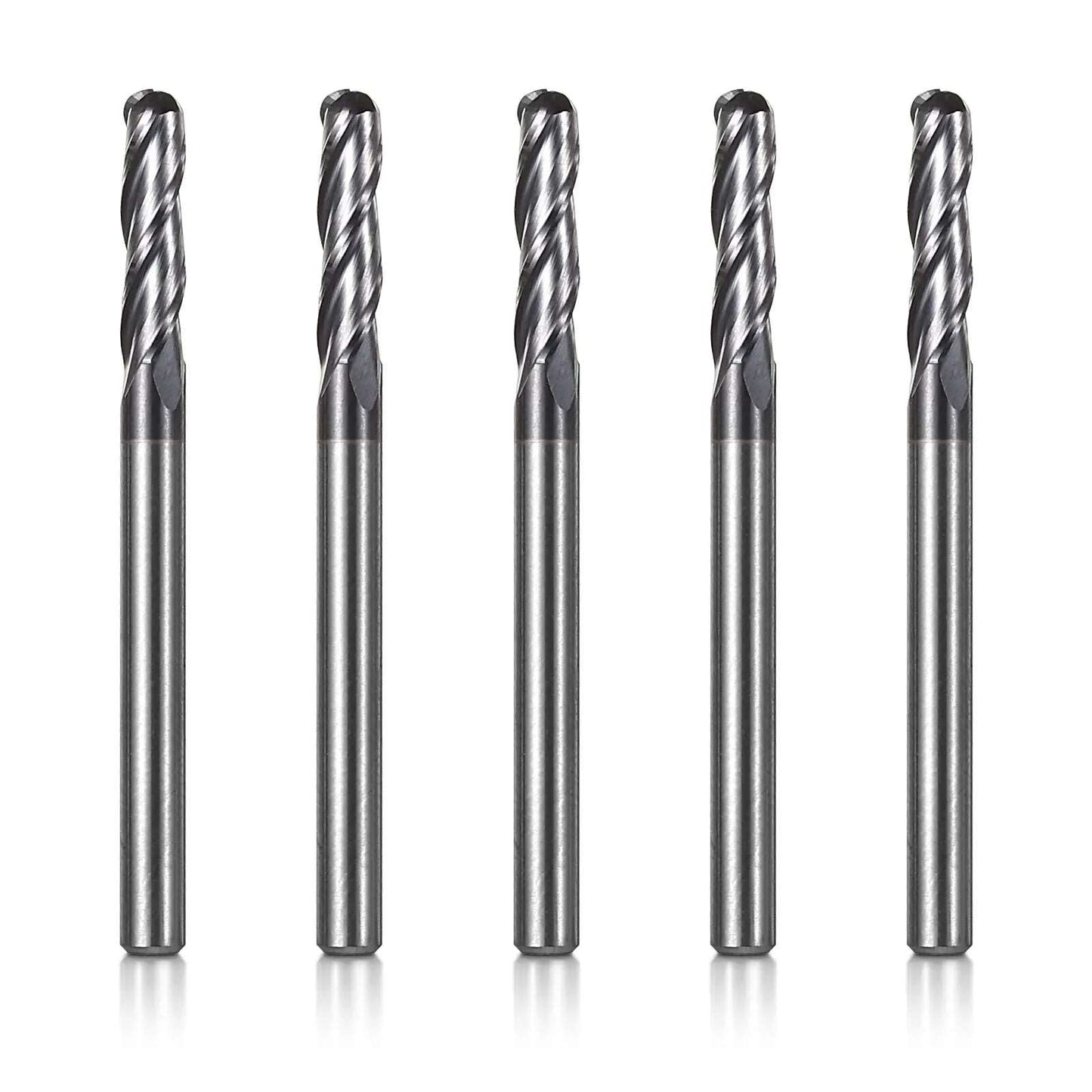 3BNB05, 1/8" Shank, 3-Flute ball Nose, 1-1/2”Overall Length, End Mills CNC Router Bits, General Purpose, Stainless Steel Metal TiAlN Coating,  For Aluminum, Metal, Plastic, MDF & Wood, 5pcs