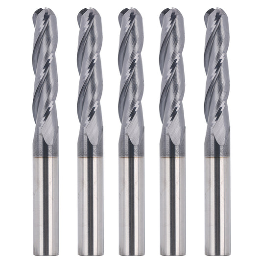 3BNC05, 1/4" Shank, 2-3/8" Overall Length, End Mills CNC Router Bits, Tungsten Carbide with TiAlN Coating, 3-Flute ball Nose, For Aluminum, Metal, Plastic, MDF & Wood