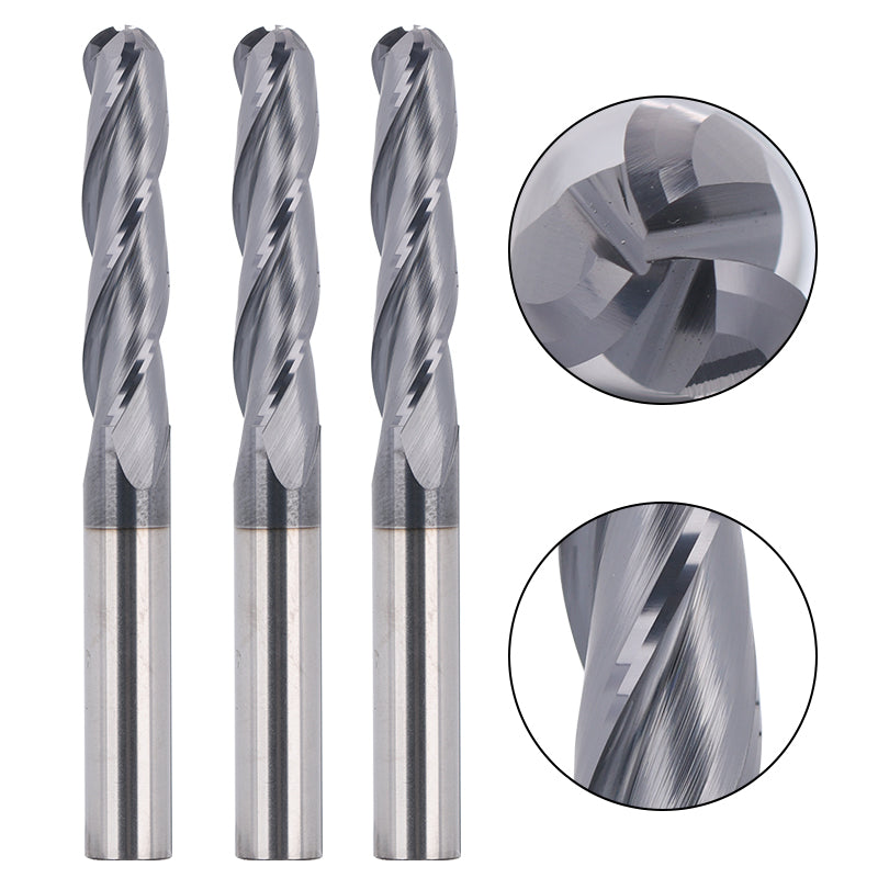 3BNC05, 1/4" Shank, 2-3/8" Overall Length, End Mills CNC Router Bits, Tungsten Carbide with TiAlN Coating, 3-Flute ball Nose, For Aluminum, Metal, Plastic, MDF & Wood