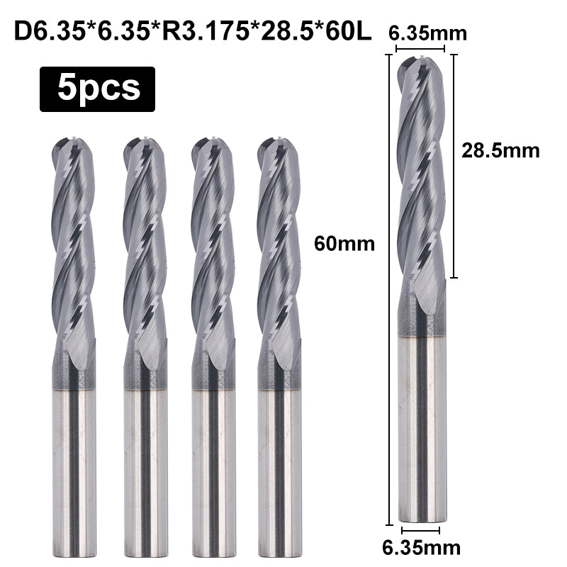 BNCO5, 1/4" Shank, 3”Overall Length, End Mills CNC Router Bits, Stainless Steel Metal with TiAlN Coating, 3-Flute ball Nose, For Aluminum, Metal, Plastic, MDF & Wood