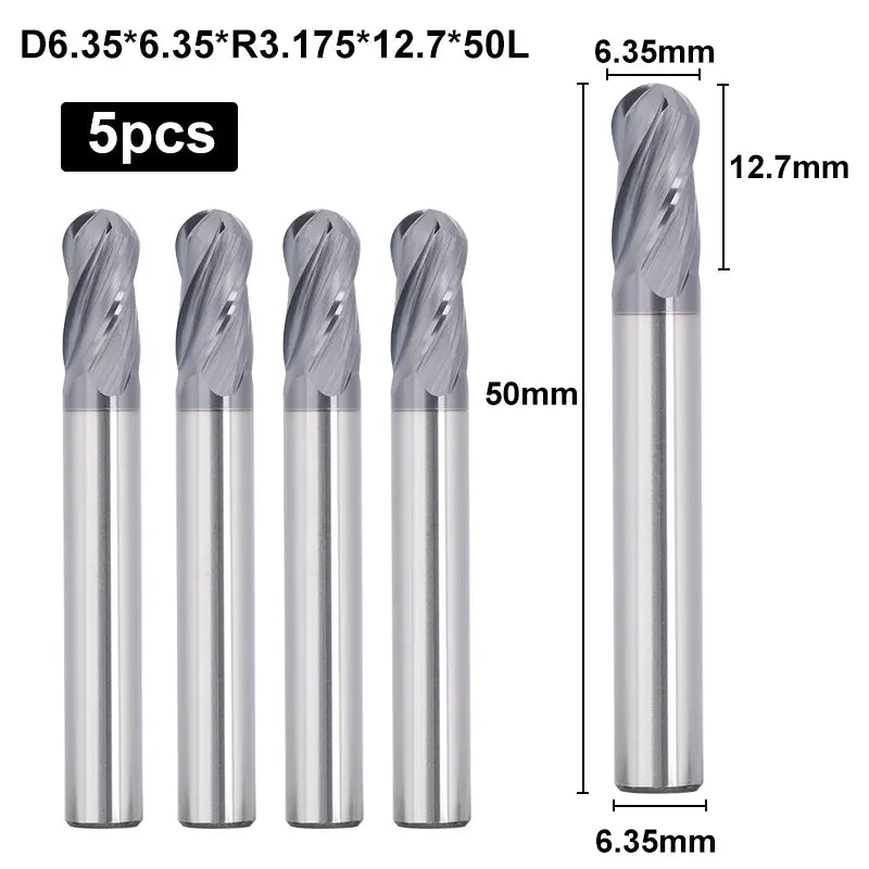 4BNC05, 1/4" Shank, 4-Flute Ball Nose, 3”Overall Length, End Mills CNC Router Bits, Stainless Steel Metal with TiAlN Coating, For Aluminum, Metal, Plastic, MDF & Wood, 5pcs