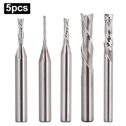 DSBC05, 1/4" Shank, 2-Flute Milling Carving Bit Set, Down Cut & Compression Cut, End Mills CNC Router Bits, For Tool for Aluminum, Metal, Plastic, MDF & Wood, 5pcs