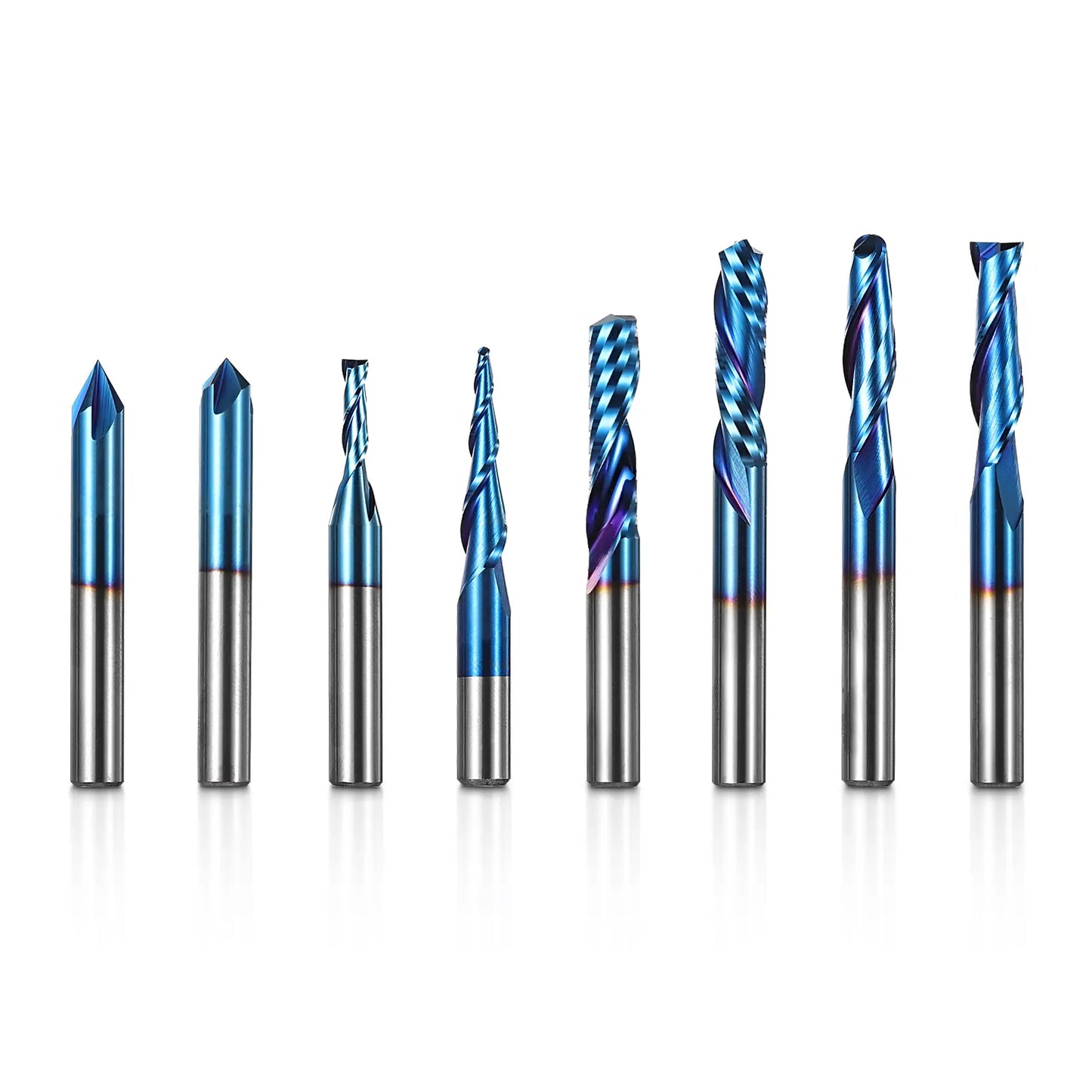 MRBC08, 1/4" Shank, End Mills CNC Router Bits, General Purpose, Nano Blue Coating, for Aluminum, Metal, Plastic, MDF & Wood, 8pcs