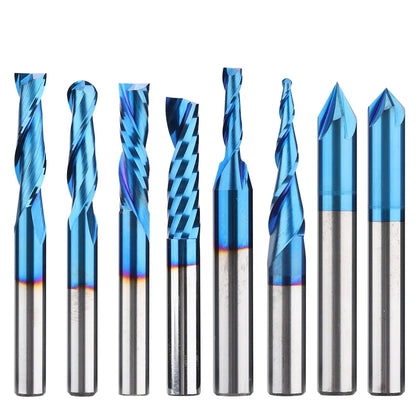 MRBC08, 1/4" Shank, End Mills CNC Router Bits, General Purpose, Nano Blue Coating, for Aluminum, Metal, Plastic, MDF & Wood, 8pcs