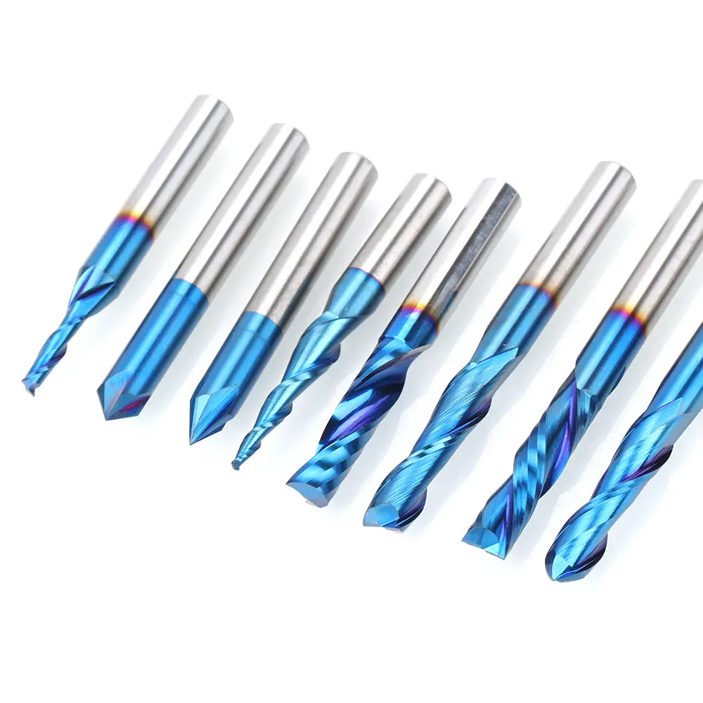 MRBC08, 1/4" Shank, End Mills CNC Router Bits, General Purpose, Nano Blue Coating, for Aluminum, Metal, Plastic, MDF & Wood, 8pcs