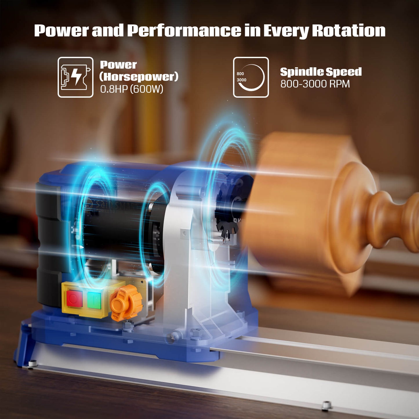 Benchtop Wood Lathe, 10''x24'', 600W 0.8 HP,With Step-Less Variable Speed 800-3000 RPM