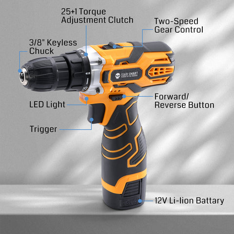 Cordless Drill Rechargeable Driver Kit, 3/8" Keyless All-Metal Chuck, with Metal Nibbler Drill Attachment