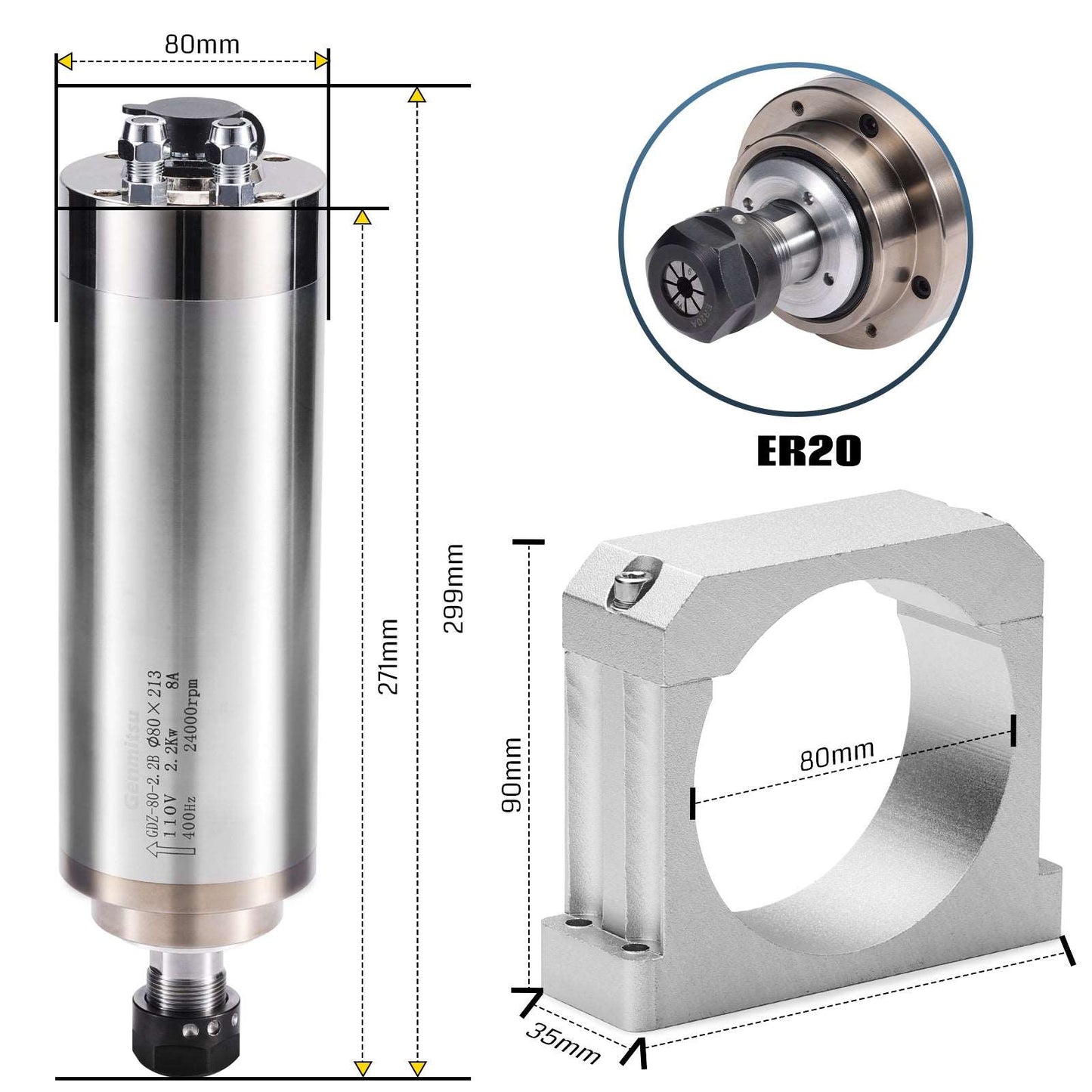 1.5KW-2.2KW Water Cooled Spindle Motor Kit, with VFD & Water Pump, Φ80mm Aluminum Clamp Mount, ER11 Collet, 0.003mm Accuracy for CNC Router Machine