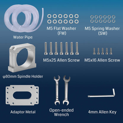 1.5KW-2.2KW Water Cooled Spindle Motor Kit, with VFD & Water Pump, Φ80mm Aluminum Clamp Mount, ER11 Collet, 0.003mm Accuracy for CNC Router Machine