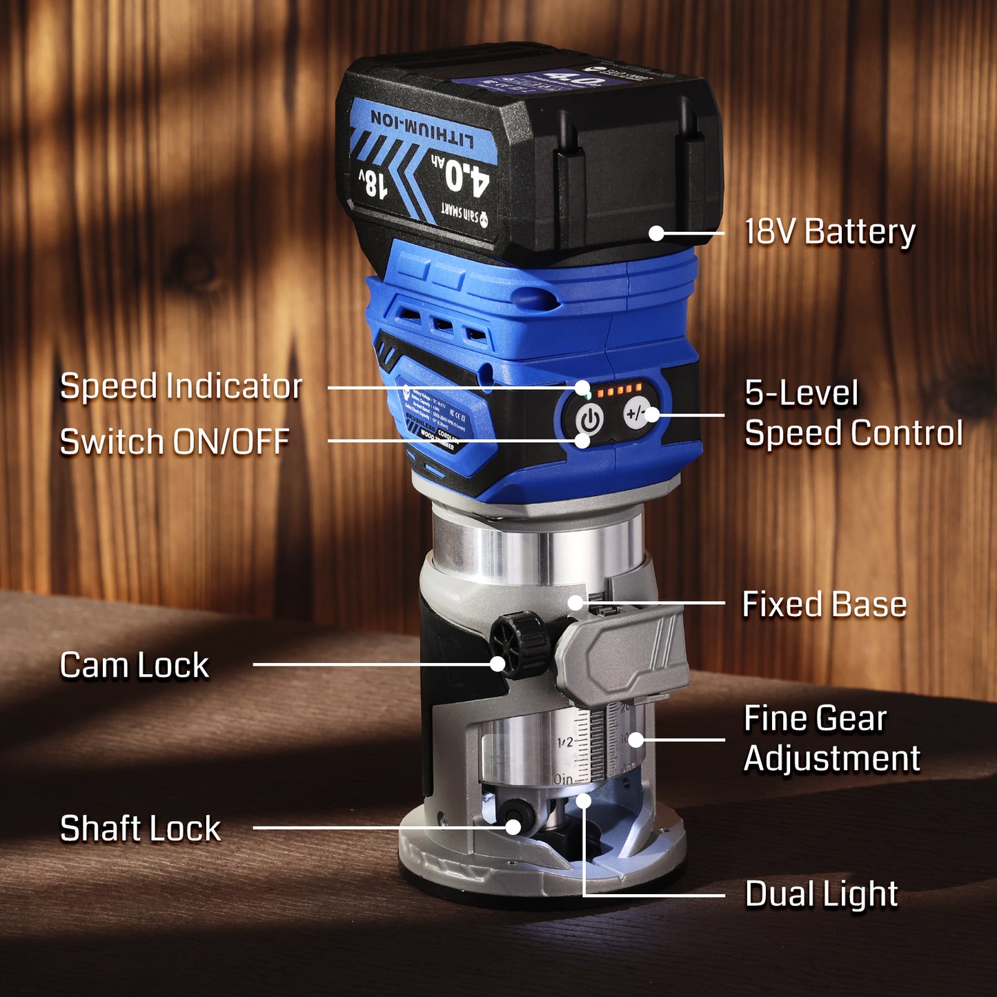 Φ65mm 28000RPM Max Cordless Trimmer Router, 5 Level Speeds, Brushless Compact Router, 1/4” Collet, for CNC Woodworking & DIY Project, Fixed Base