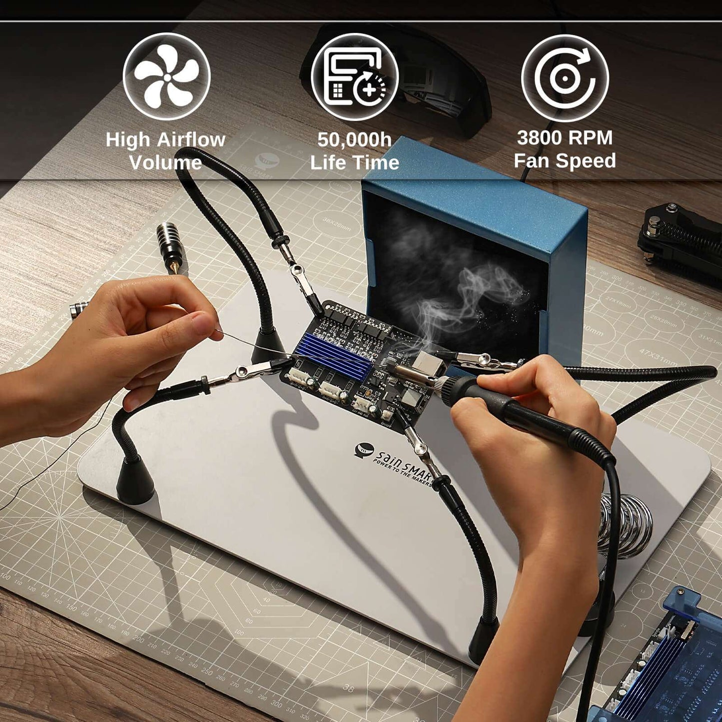 Magnetic Helping Hands Soldering, with Solder Fume Extractor, 360 Hot Air Gun Holder, 13.7" x 9" Heavy Duty Base Plate, Flexible Arms, Third Hand Tool for Soldering Station
