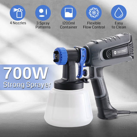 Paint Sprayer, 700W HVLP Spray Gun, 1200ml Large Container, Electric Spray Gun with 4 Nozzles & 3 Patterns