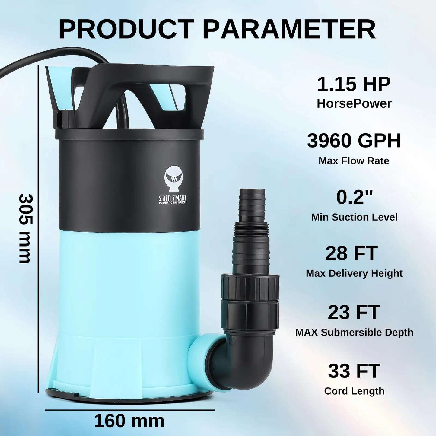 SainSmart Sump Pump, Thermoplastic Electric Portable Water Pump 1.15HP Submersible Water Pump with 3960GPH Capacity for Basement Drainage, Garden Irrigation, Swimming Pool and Hot Tub Maintenance