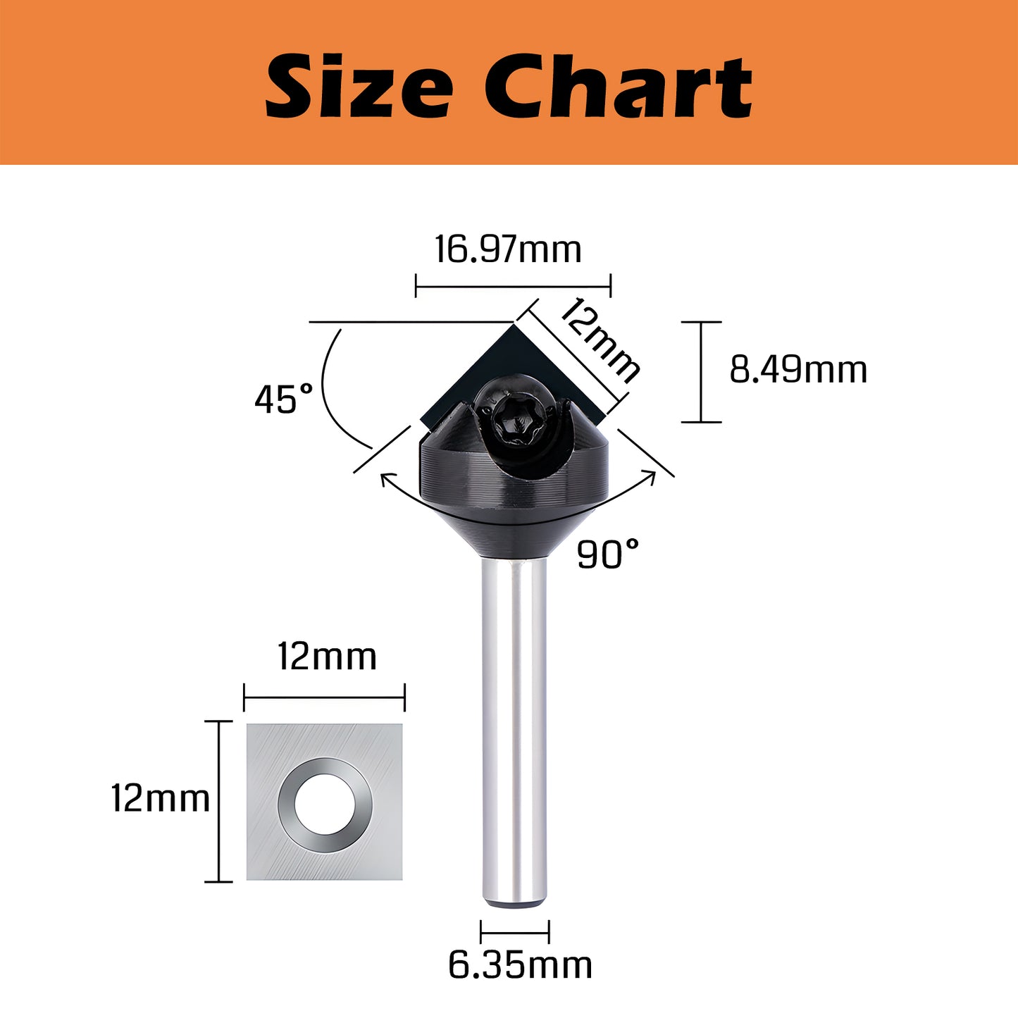 VG01-03, Φ1/4''-1/2'' Shank, Φ16.9-51.6mm Cutting Diameter, 90°-120° V-Groove CNC Router Bit, 1pc