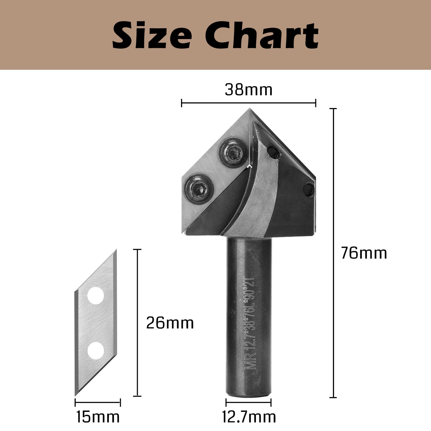 VG01-03, Φ1/4''-1/2'' Shank, Φ16.9-51.6mm Cutting Diameter, 90°-120° V-Groove CNC Router Bit, 1pc