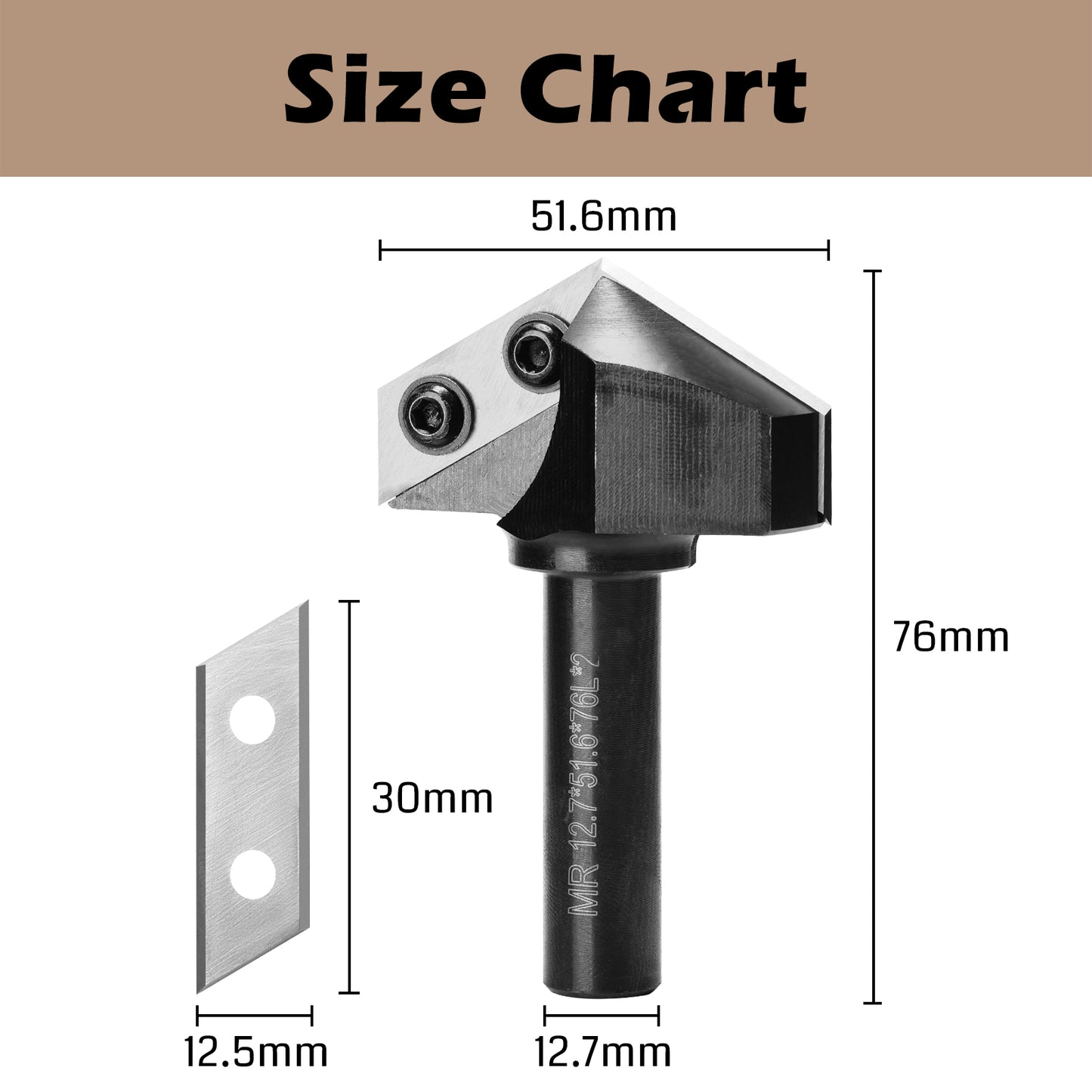 VG01-03, Φ1/4''-1/2'' Shank, Φ16.9-51.6mm Cutting Diameter, 90°-120° V-Groove CNC Router Bit, 1pc