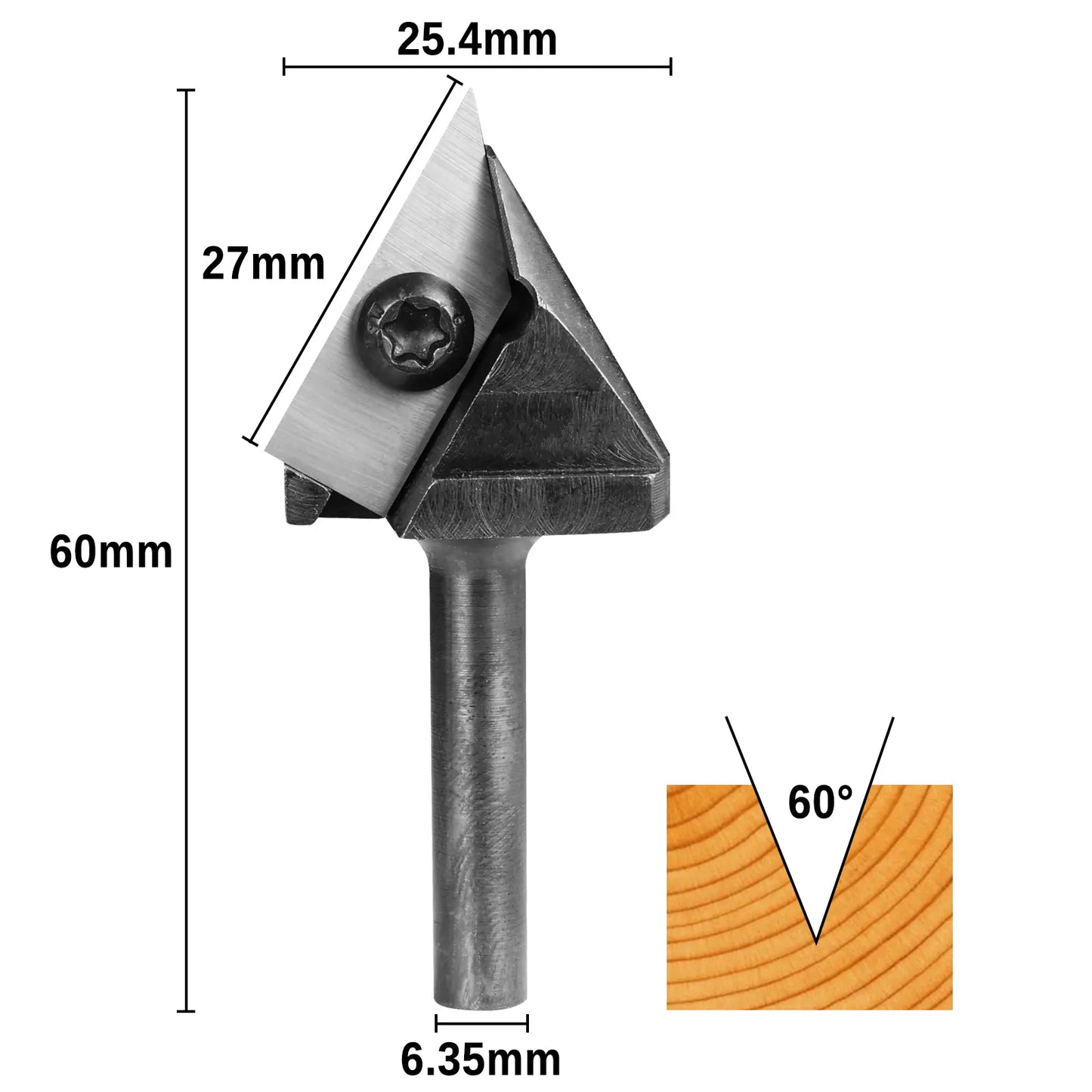 VRBC01A, 1/4" Shank,60 Degree V Groove Router Bit, 1" Cutting Diameter, Carbide Insert, For Woodworking Carving