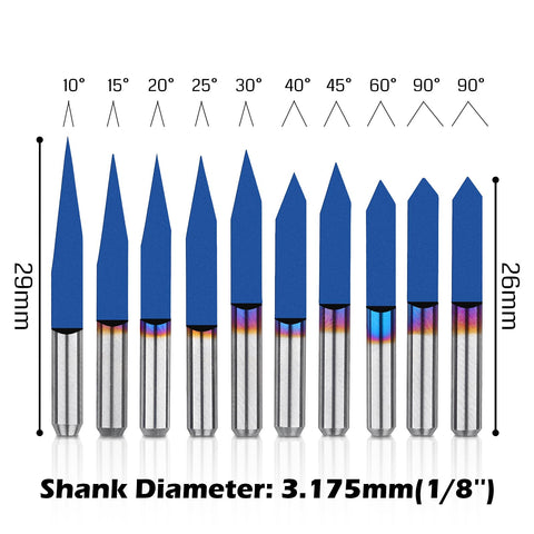 VS10, V-Groove CNC Router Bits, 10/15/20/25/30/40/45/60/90° Set, 1/8