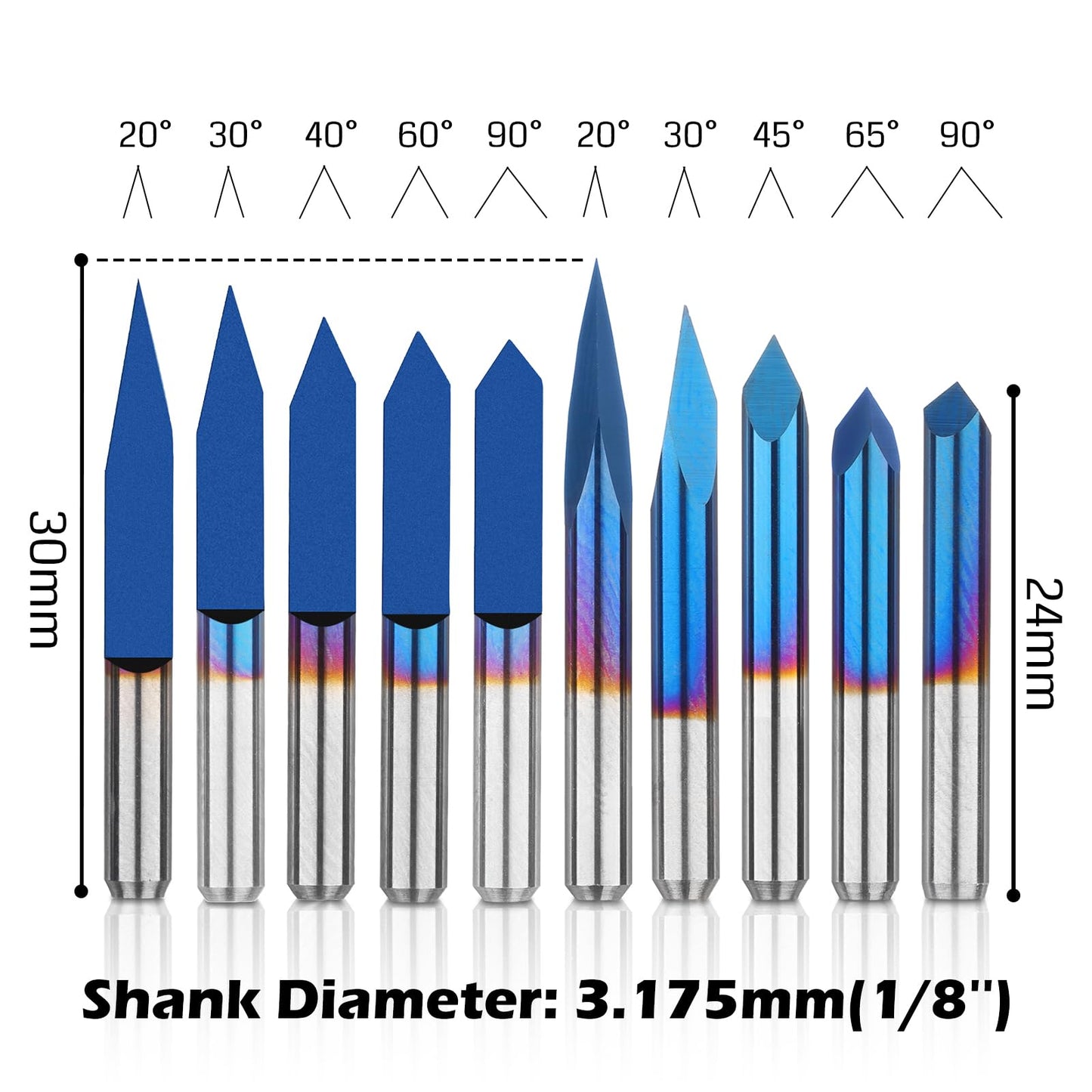 VS10, 1/8"Shank, V-Groove CNC Router Bits, 10/15/20/25/30/40/45/60/90° Set, 10pcs