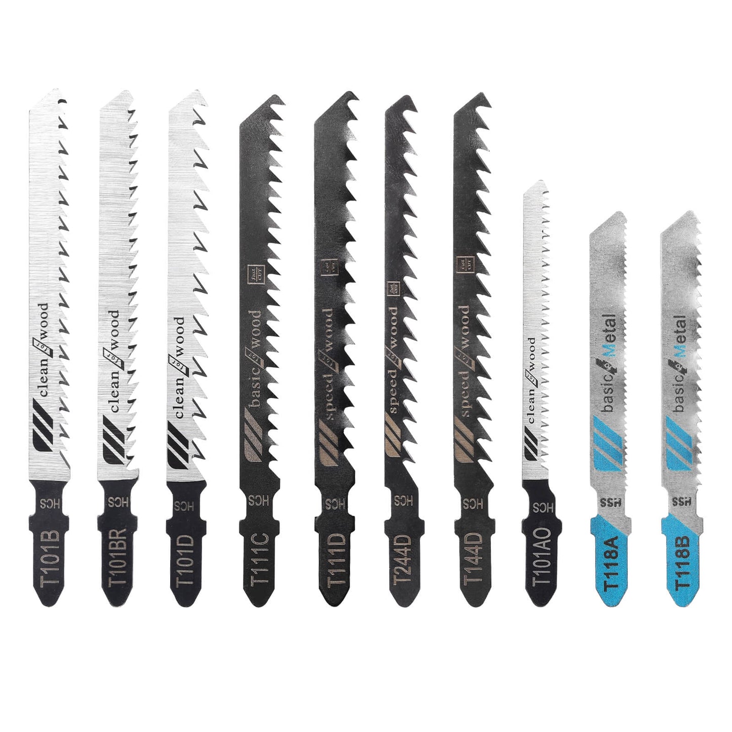 10Pcs Jigsaw Blades Set T-Shank Multi-Purpose with Storage Case, HCS/HSS, For Wood, Plastic and Metal Cutting