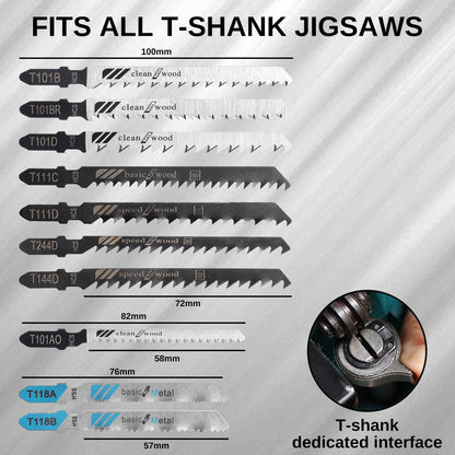 10Pcs Jigsaw Blades Set T-Shank Multi-Purpose with Storage Case, HCS/HSS, For Wood, Plastic and Metal Cutting