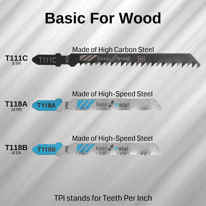 10Pcs Jigsaw Blades Set T-Shank Multi-Purpose with Storage Case, HCS/HSS, For Wood, Plastic and Metal Cutting