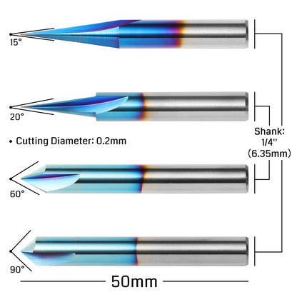 WC04A, 1/4'' Shank, 15° Detail carving liner, 20° Profile bit, 60° & 90° V groove, 4Pcs for Wood Carving