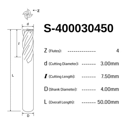 [Discontinued] Square End Mill Bit , 1.0-6.0mm cut diameter | 4-Flute