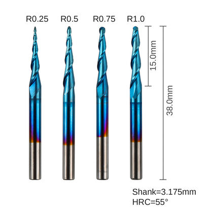 TB04A, 1/8" Shank, 2-Flute, Tapered Ball Nose, End Mills Bits, 4 Pcs