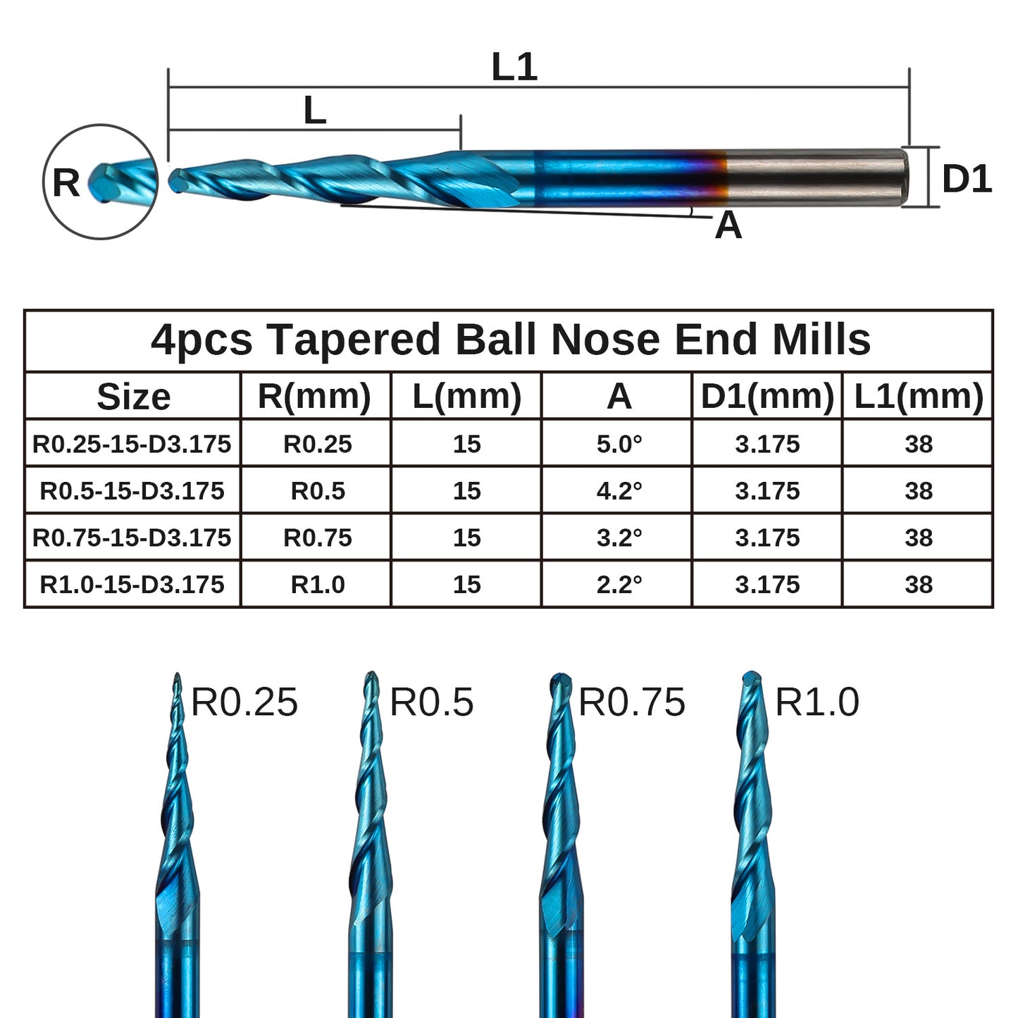 TB04A, 1/8" Shank, 2-Flute, Tapered Ball Nose, End Mills Bits, 4 Pcs