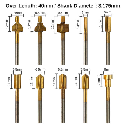 [Discontinued] RB10A, 1/8" Shank, High Speed Steel Milling Cutter, 10-PCS Bit Set