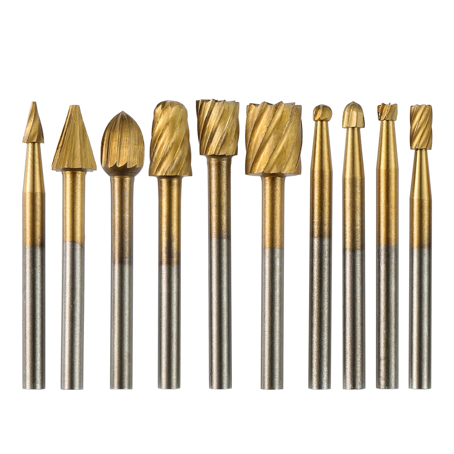 RR10A, 1/8" Shank 10-PCS Titanium Coat HSS Rotary Burr Router Bit Set