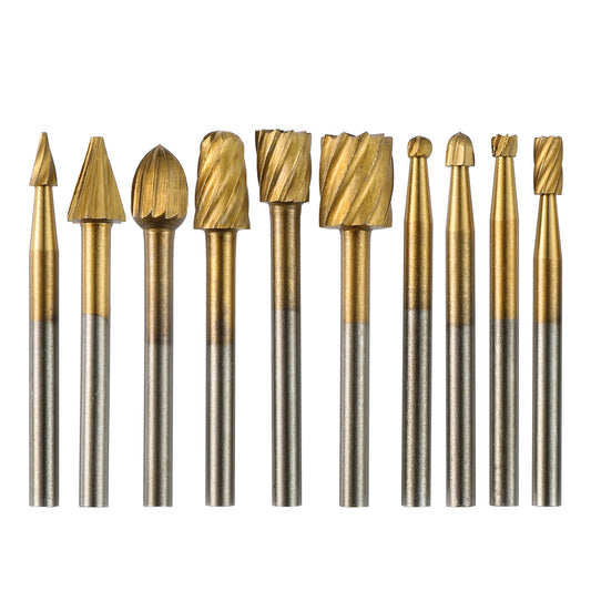 RR10A, 1/8" Shank 10-PCS Titanium Coat HSS Rotary Burr Router Bit Set