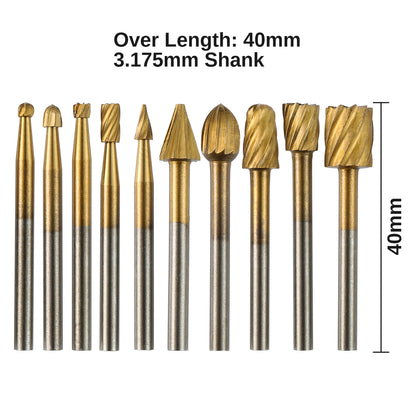 RR10A, 1/8" Shank 10-PCS Titanium Coat HSS Rotary Burr Router Bit Set