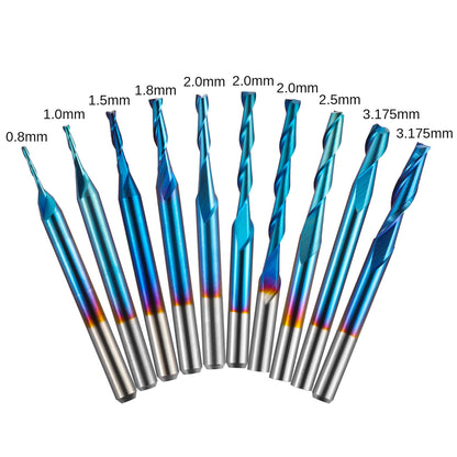 FN10A, 1/8'' Shank, 2-Flute, Flat Nose, 0.8mm-3.175mm Cutting, 10Pcs Spiral End Mill