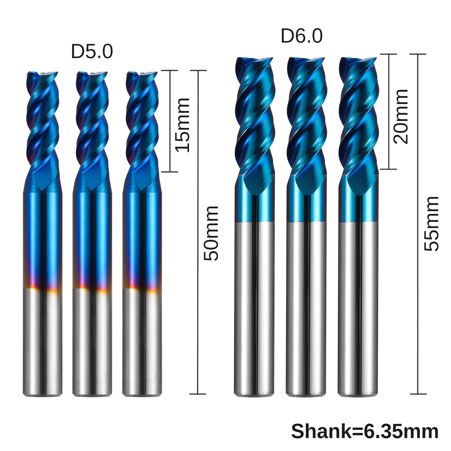 [Discontinued] SN06A, 1/4’’ Shank, 3-Flute, 5 & 6mm Cutting, 6 Pcs End Mill for Aluminum Applications